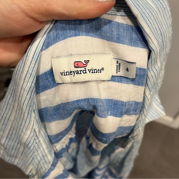 Vineyard Vines Blue‎ and White Striped Collared Button Down Linen Top Size 4 - Picture 4 of 8